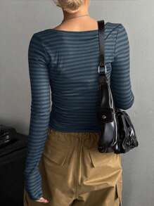 DAZY 女式前扣长袖条纹休闲衬衫，日常穿着，女式短款上衣，秋装