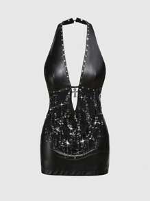 ROMWE Grunge Punk Mini abito da donna con patchwork in PU, stringa con pendente in metallo, rete e paillettes, stile sexy per rave, festival musicali, in stile Y2K
