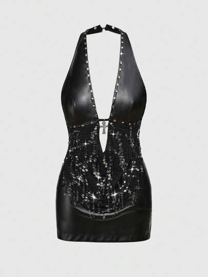 Grunge Punk Vestido mini con espalda descubierta para mujer, con diseño de patchwork de PU, cordones de red de pesca, lentejuelas y colgante de metal en estilo Y2K sexy para festivales de música rave