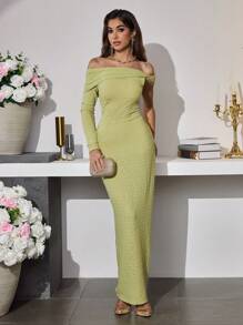 Modelyn 女式长款露肩扭纹不对称设计提花修身优雅连衣裙 - 薄荷綠 - 查看 7