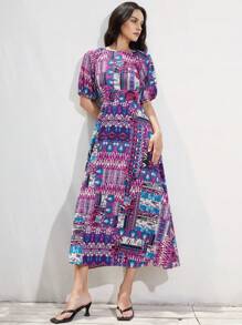 Aveloria Modichic 女士随机印花圆领泡泡袖简约收腰长裙 - 彩色 - 查看 6
