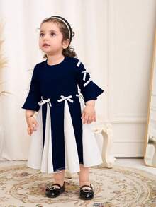Baby Girl Elegant Dresses With Bow Decorated Two-Tone Color Fall Winter - Blue - View 3