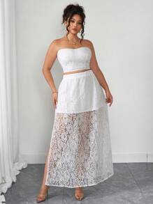 Elenzga Bộ 2 món thời trang thanh lịch dành cho nữ cỡ lớn, áo không dây phối ren kiểu Pháp thanh lịch đi nghỉ mát và chân váy xẻ cao, thích hợp cho mùa hè, trở lại trường, tốt nghiệp, ngày lễ tình nhân, lễ hội âm nhạc, ngày của mẹ, halloween, lễ tạ ơn, lễ phục sinh, ngày quốc khánh, tiệc khiêu vũ, hẹn hò, mùa cưới, chuyến đi ngoài trời - trắng - Xem 4