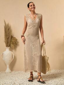 Bóhologie Vestido de punto tipo cover up para el verano con escote en V profundo, calado, ganchillo, bordado tono sobre tono y ajuste ceñido, con estilo bohemio de vacaciones
