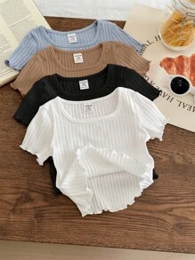 SHEIN 4pcs/Set Casual Simple Solid Color Ribbed Frill Trim Short Sleeve Tops For Baby Girls