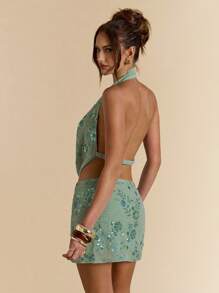 SHEIN BAE 女士亮片刺绣花卉迷你裙，夏季度假 - 綠色 - 查看 2