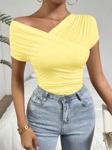 Firerie 女士纯色不对称领褶休闲T恤 - 黃色 - 查看 4