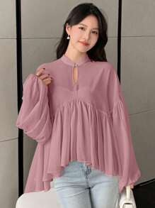 DAZY 休闲夏季纯色立领长袖百褶女式衬衫