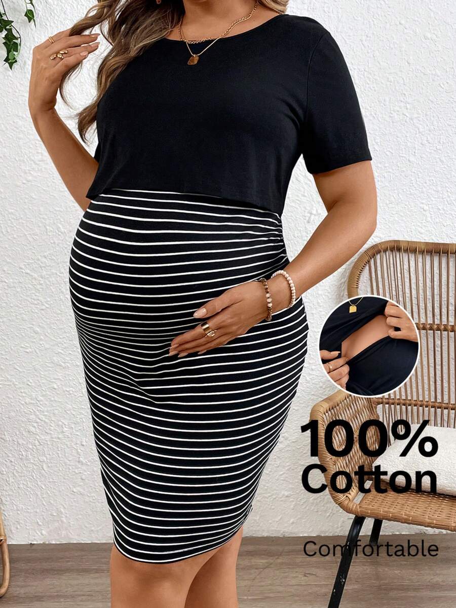 SHEIN Plus Size Maternity Dress, Fashionable Striped Design, Suitable For Summer