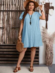 EMERY ROSE Plus Size Summer Simple Textured V-Neck Short Sleeve Loose Casual Dress,Sun Dresses For Women - Baby Blue - View 5