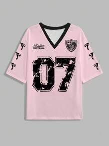 Slaydiva 07# Butterfly Tie Letter & Numeric Graphic V-Neck Casual Plus Size T-Shirt, Suitable For Summer Suitable For Going Out Back To School,Back To School