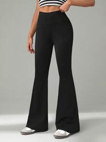 SHEIN Tall Women's Casual Plain Color High Waist Flared Pants, Stretch Work Pants - Black - View 5