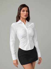 SHEIN Tall Langärmeliges Hemd mit Knopfleiste, bürotauglich/pendlerfreundlich, täglicher Spitzenbesatz, geraffter Stehkragen, Slim Fit, langärmliges weißes Hemd, modisch für den täglichen Sommer-Gebrauch - Weiss - Übersicht 5
