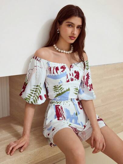 MOTF STUDIO ALLOVER PRINT OFF-SHOULDER BLOUSE