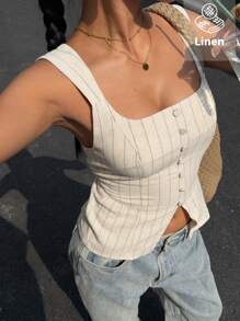 Siren Gaze 夏季新款休闲条纹修身背心 - 杏色 - 查看 1