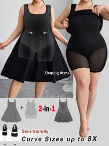 SHEIN CURVE+ 加大码高弹力收腹裙，二合一纯色连衣裙，双层衬里，收腹提臀裙，曲线加大，波西米亚风女士度假海滩装/沙滩裙/海滩度假装/海滩必备品/毕业/茶会礼服