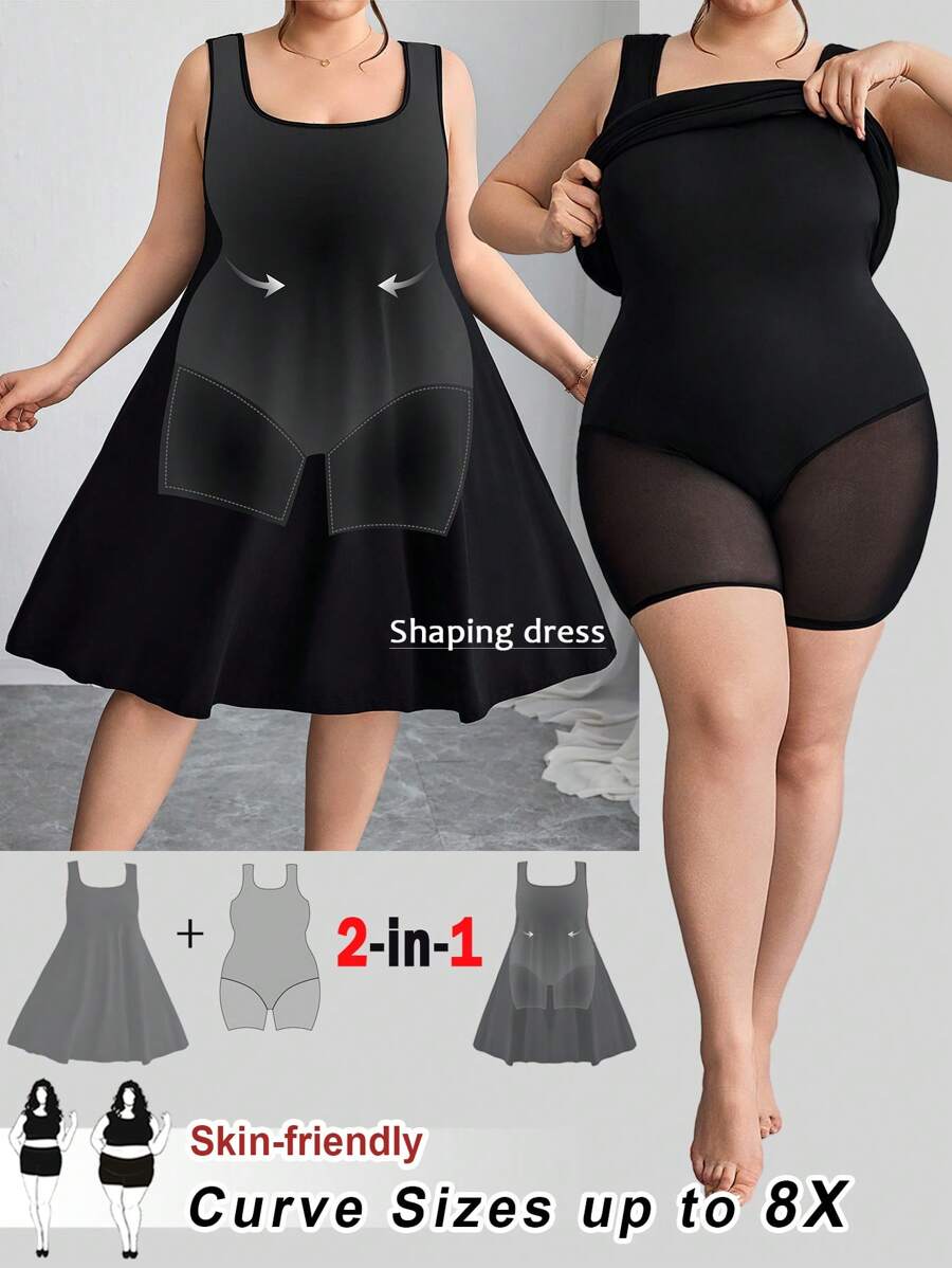 SHEIN CURVE+ 加大码高弹力收腹裙，二合一纯色连衣裙，双层衬里，收腹提臀裙，曲线加大，波西米亚风女士度假海滩装/沙滩裙/海滩度假装/海滩必备品/毕业/茶会礼服