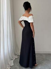 Elenzga Abito elegante con scollo a spalle scoperte, decorato con perline e a blocchi di colore