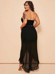 SHEIN BAE Plus Size Women 2 Pieces Set: Black Ruched Bandeau Top And Slit Ruffle Hem Maxi , Elegant Outfit For Daily Commute, Vacation, Summer Holiday, Young Fashionable Set, Y2K Baddie Two Pieces, Beach Resort Suit, Graduation Set, Birthday Outfit, Party Ensemble,Festival Co Ord,Vacation Two Pieces Set,Ruffle Skirt,Summer Outfits For Women,Tube Tops Women,Festival Outfits For Women,Rave Outfits Festival