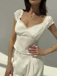 Aloruh Women Casual Solid Color Lace Trim Blouse, Summer