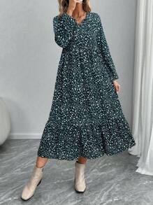 EMERY ROSE Women's Ditsy Floral Tie Collar Ruffle Hem Dress - Army Green - View 5