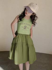 DAZY Áo ba lỗ cổ tròn không tay cho bé gái tuổi mới lớn, thời trang cho váy mùa hè - màu xanh lá - Xem 1