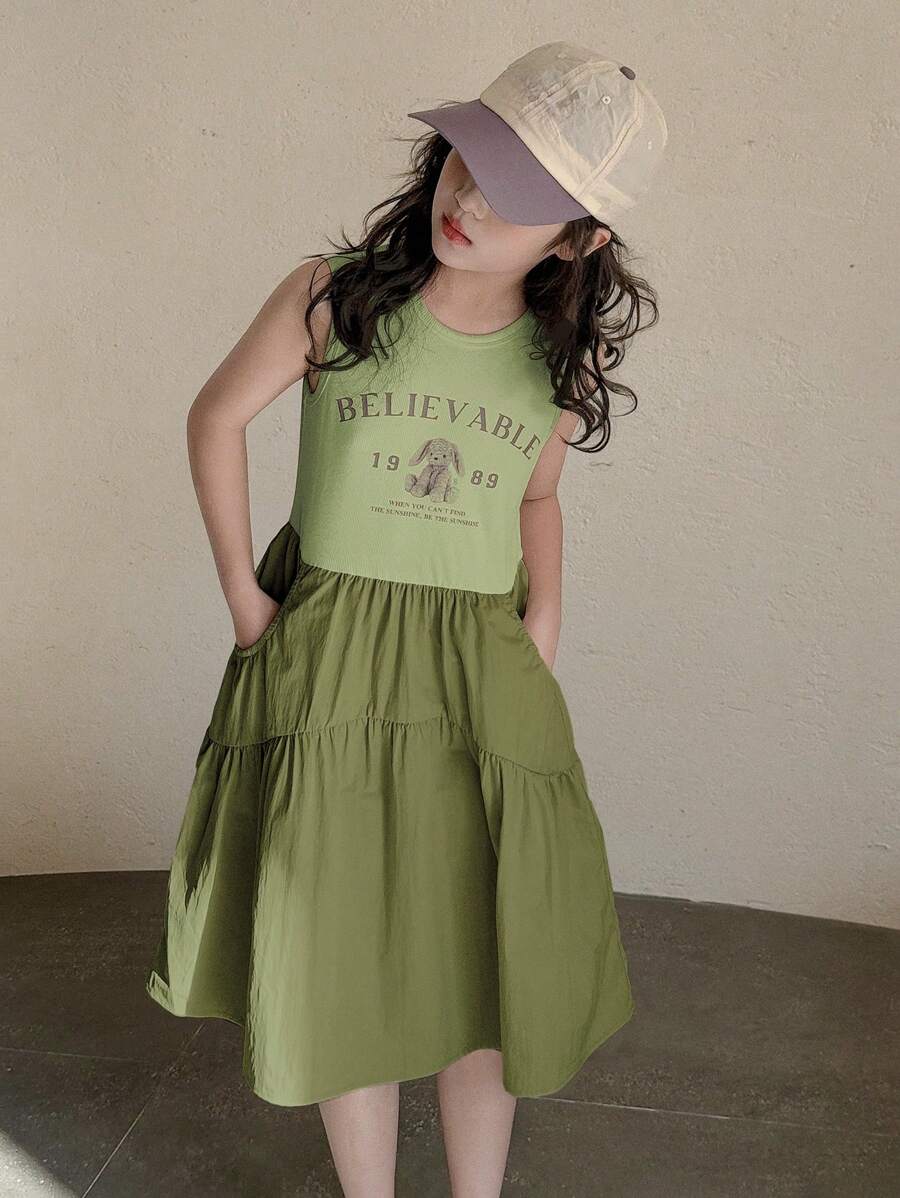 DAZY Áo ba lỗ cổ tròn không tay cho bé gái tuổi mới lớn, thời trang cho váy mùa hè - màu xanh lá - Xem 1