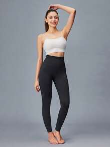 LUVLETTE Women's Black Seamless Wide Waistband Waist Elegance Yoga Fitness Active Gym Basic Leggings - Black - View 12