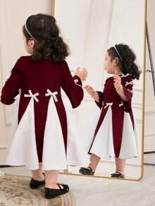 Baby Girl Bowknot Decor Contrast Color Round Neck Flare Sleeve Dress Fall Winter - Burgundy - View 2