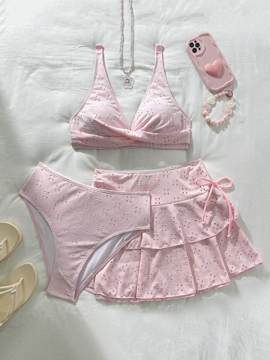 Swim Mod 女士 3 件套夏季海滩可爱纯色针织提花面料上衣，交叉胸围，双层蛋糕迷你裙，侧面蝴蝶结，泳衣 - 粉色 - 查看 1