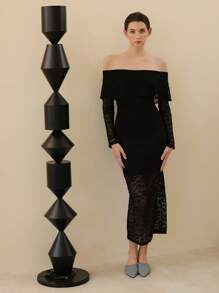 Camisón con efecto ajustado de encaje elegante y sofisticado para damas de tallas grandes - Negro - Ver 4