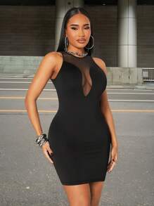 SHEIN SXY Spring And Summer Street Casual Daily Comfortable Sexy Nightclub Rock Hot Girl Music Festival Black High Elastic Knit And Mesh Stitching Round Neck Sleeveless Mini Slim Dress