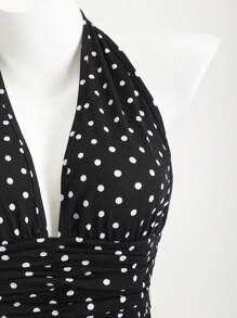 Elamini 黑白波尔卡圆点深 V 领露背修身迷你连衣裙，带荷叶边下摆，波西米亚风度假优雅浪漫性感休闲日常百搭女士夏季 - 黑色 - 查看 6