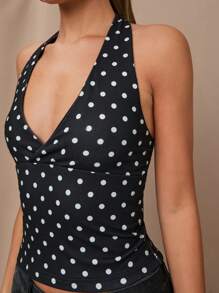 SHEIN BAE Casual Summer Black Polka Dot Printed Halter Neck Top, Suitable For Breakfast, Outings, Dates, Commuting, Cruise Outfits, Ibiza Outfits