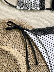 Swim Mod 2pcs/Set Women Summer Beach Lace Polka Dot Print Halter Tie Sexy Bikini Swimsuit Set, Random Print