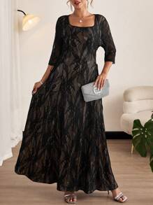 SHEIN Clasi Plus Size Romantic And Elegant Square Collar Side Strap Design Black Lace Dress,Lace Dress - Black - View 7
