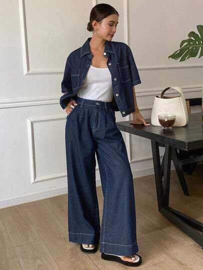 Livesso Women's Waist Cinched Short Jacket & Jeans Set Fall/Winter