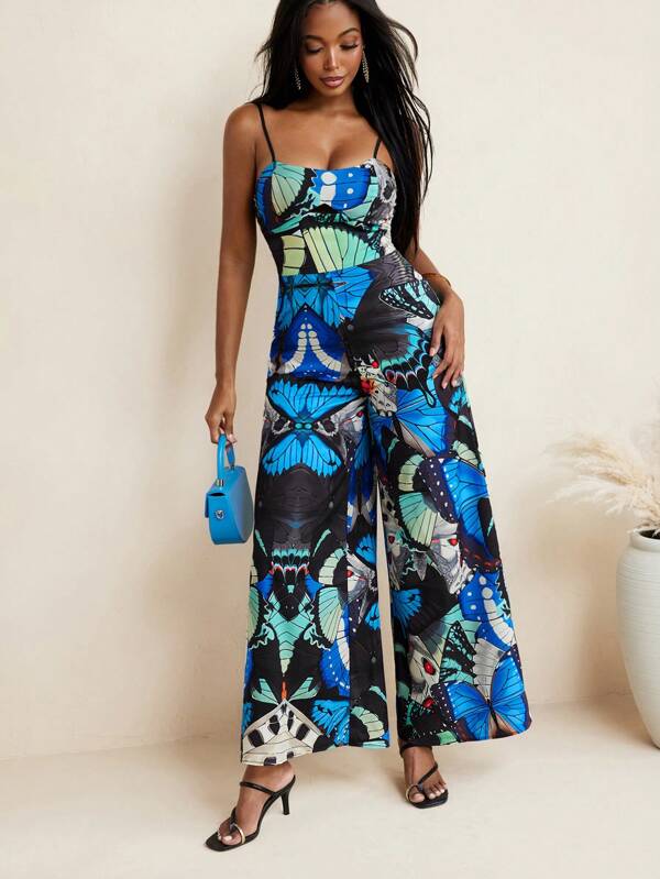 JIAN LASALA Women Butterfly Printed Bustier Spaghetti Straps Wide-Leg Jumpsuit Vacation Wear, For Summer Hawaii Outfits Women Ankara Jumpsuits Resort Wear Rave Outfits Festival