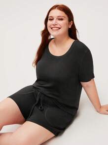 LUVLETTE Relaxed sitzende, super weiche schwarze elastische gerippte Basis Lässig-Sporty Crew Neck Kurzarm-Oberteil & Shorts Loungewear luftige Pyjama-Set Sport Lässig Komfort Outfits Active Hose mit Taschen Lingerie als Oberbekleidung