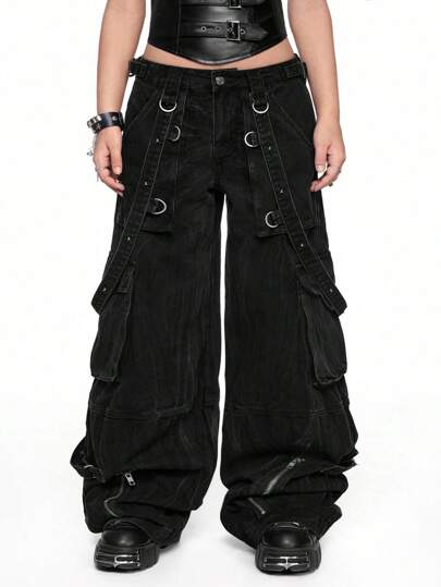 Grunge Punk Plus Size Loose Fit Dark Punk Cross Metal Eyelet Tape Design Back Panel Baggy Jeans