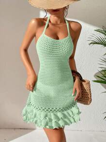 SHEIN Swim Fashionable Women's Solid Color Hollow Out Neck Tie Swimsuit Cover Up Dress For Summer Beach Vacation - Mint Green - View 3