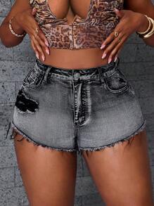 Slaydiva Plus Size Women's Distressed Denim Shorts,Dark Green Summer Casual Everyday Washed Ripped Mini Elastic Shorts For Festival,Cowgirl,Club & Wear - Dark Grey - View 6
