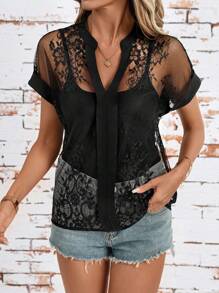 SHEIN Clasi Women's Sexy Lace Patchwork Sheer Panel Notched Neck Blouse Boho  Country - Black - View 3