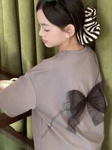 Dazy Kids 女童圆领针织短袖T恤，带蝴蝶结装饰，夏季 - 灰色 - 查看 5