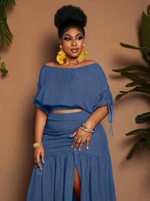 Maweii Bộ đồ hai mảnh áo crop top màu trơn cỡ lớn và váy ngắn xẻ tà cao, thời trang ngày lễ - Màu xanh lam - Xem 4
