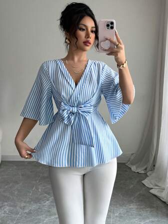 Rafferiza 女式条纹交叉V领腰部蝴蝶结装饰荷叶边袖衬衫