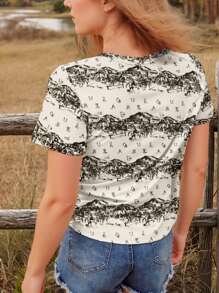 SHEIN EZwear Western Style Vintage Black Tombstone Town Monogrammed Casual T-Shirt - Black - View 2