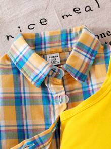 SHEIN Playful Pals Cămașă cu mânecă lungă cu nasturi cu imprimeu în carouri pentru fetiță + camisol galben + pantaloni scurți din denim albastru Set 3 buc - Galben - Vizualizare 5