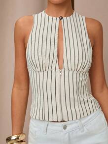 SHEIN BAE Áo tank top đơn giản màu mơ kẻ sọc, khóa kéo, lưng khoét rỗng, thích hợp cho những buổi đi chơi sành điệu, kỳ nghỉ biển, du lịch Ý, đi chơi đêm, du thuyền, ăn sáng muộn, Ibiza, áo mùa hè. - Màu be - Xem 7