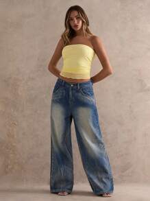 Glamine 黄色褶皱露背透视夏季抹胸，基本款上衣，约会之夜，女士俱乐部，度假上衣